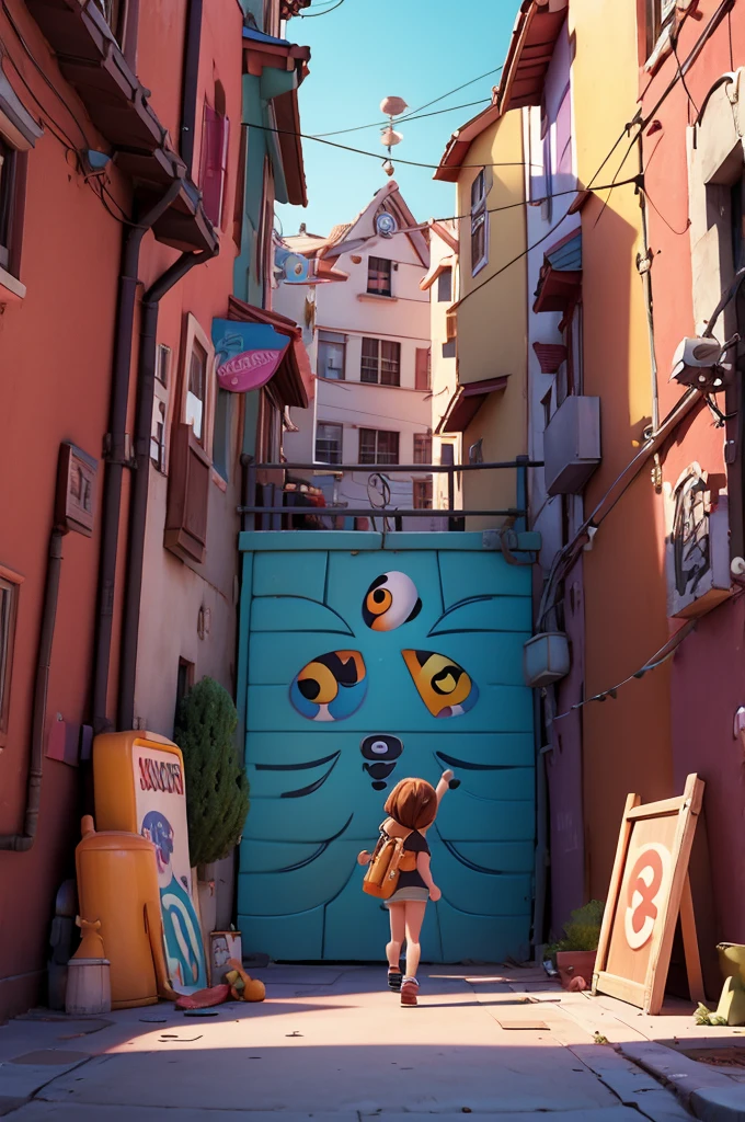 a 3d pixar disney style movie poster with the text" in an alley putting up a poster