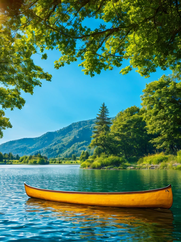 there is a woman sitting in a canoe on the lake, In the middle of the lake, on a boat on the lake, on the lake, Peaceful and serene, Calm and serene, On a calm lake, Peace of mind, Looking at the water, Outdoor environment, A great place, walk on calm water, Sitting in front of the lake, breathtaking shot,HDR,8k render.extrarealistic landscape