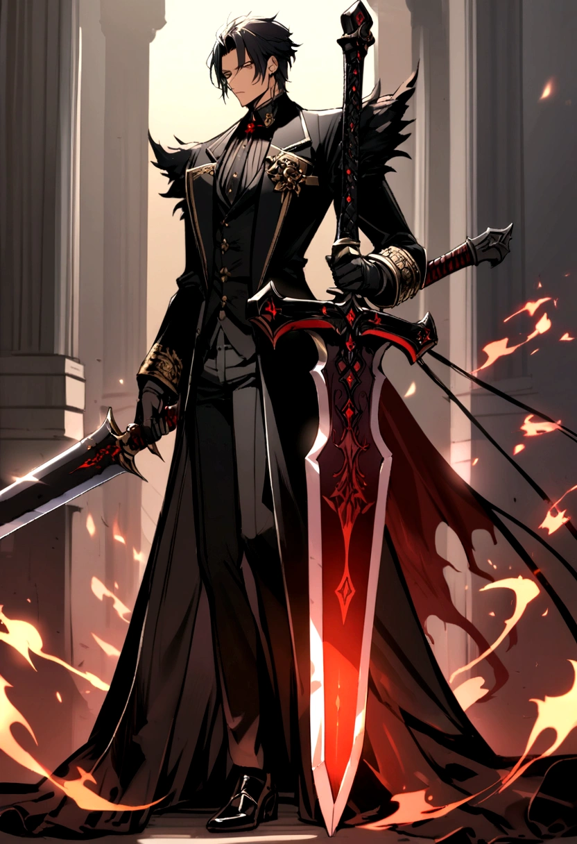 mourning blade: a legendary greatsword with demonic details, black blade, red runes, long blade, Longsword, flames sprout from the sword