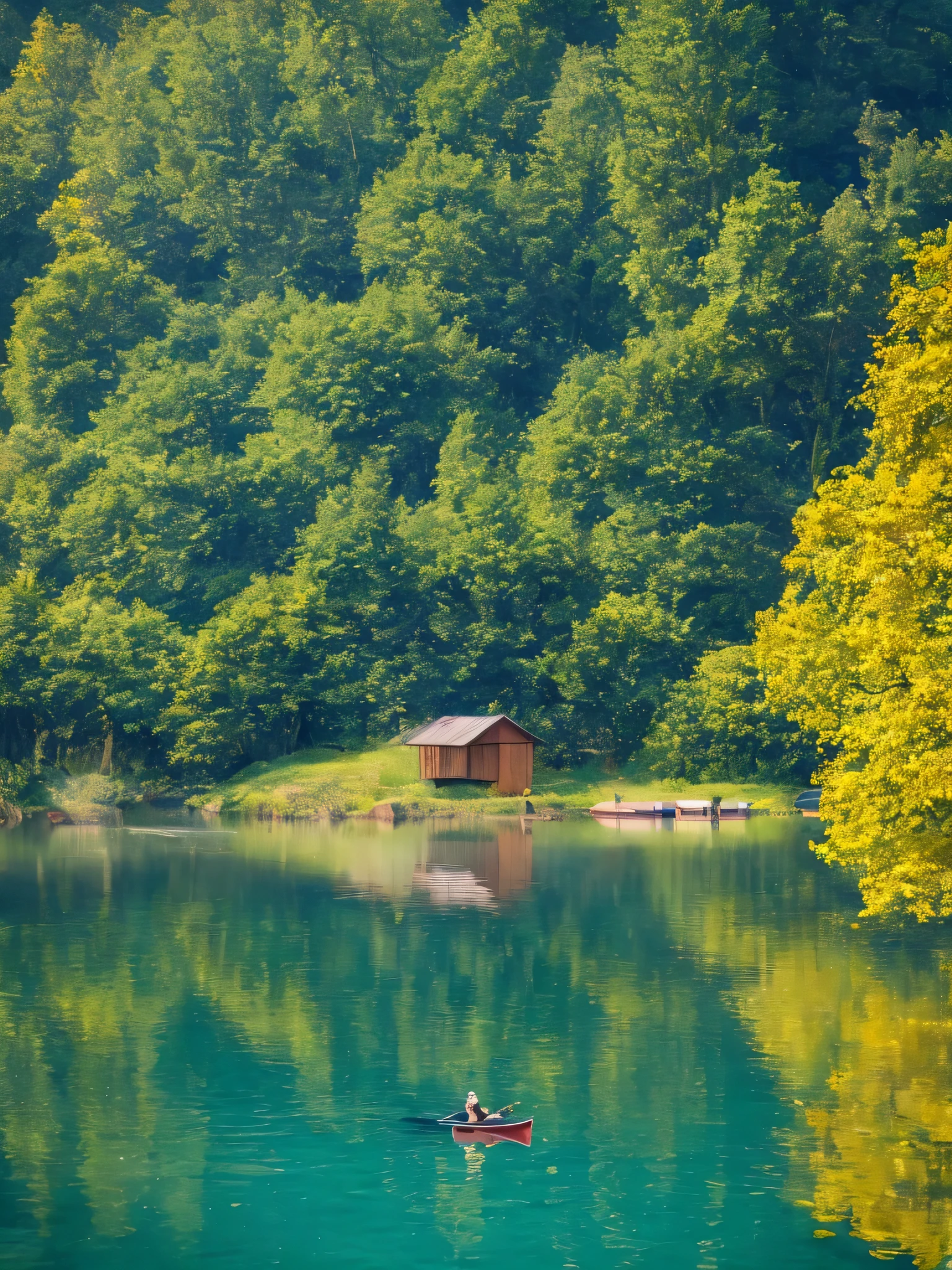 there is a woman sitting in a canoe on the lake, In the middle of the lake, on a boat on the lake, on the lake, Peaceful and serene, Calm and serene, On a calm lake, Peace of mind, Looking at the water, Outdoor environment, A great place, walk on calm water, Sitting in front of the lake, breathtaking shot,HDR,8k render.extrarealistic landscape