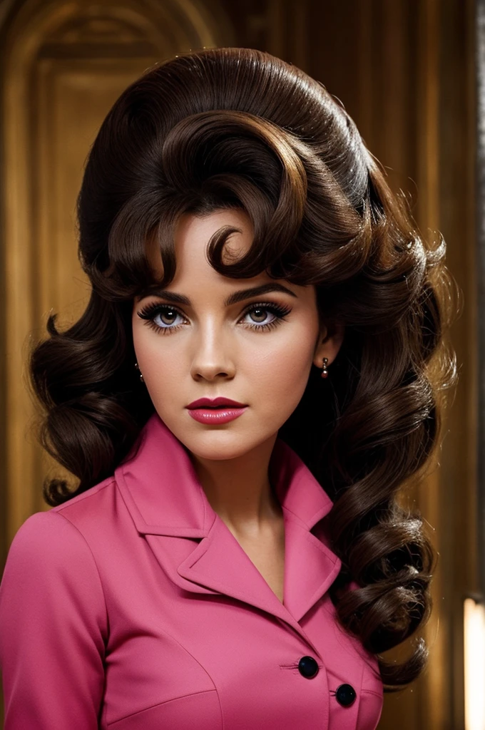 Hermione Granger from the Harry Potter series, but with a 1960s twist. She has Priscilla Presley’s iconic big hair, styled in a voluminous bouffant. Hermione's makeup is bold and typical of the 1960s, featuring heavy eyeliner, thick mascara, and bright lipstick. She is dressed in a stylish mod dress with a high collar and vibrant colors, embodying the fashion of the era.