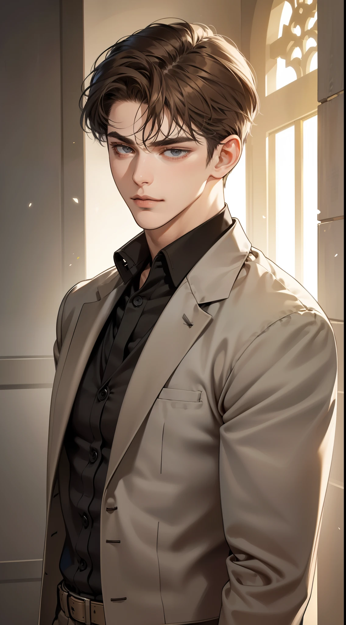 masterpiece, best quality, realistic, 1man, mature male, quiet and charming young man, 25 year old, serious look, closed mouth, portrait, extremely detailed face, cold smile, ((dark grey eyes)), ((short-right-swept dark brown hair)), [thick eyebrows], ((suit)), handsome, full body, western, Jewish, light brown skin,