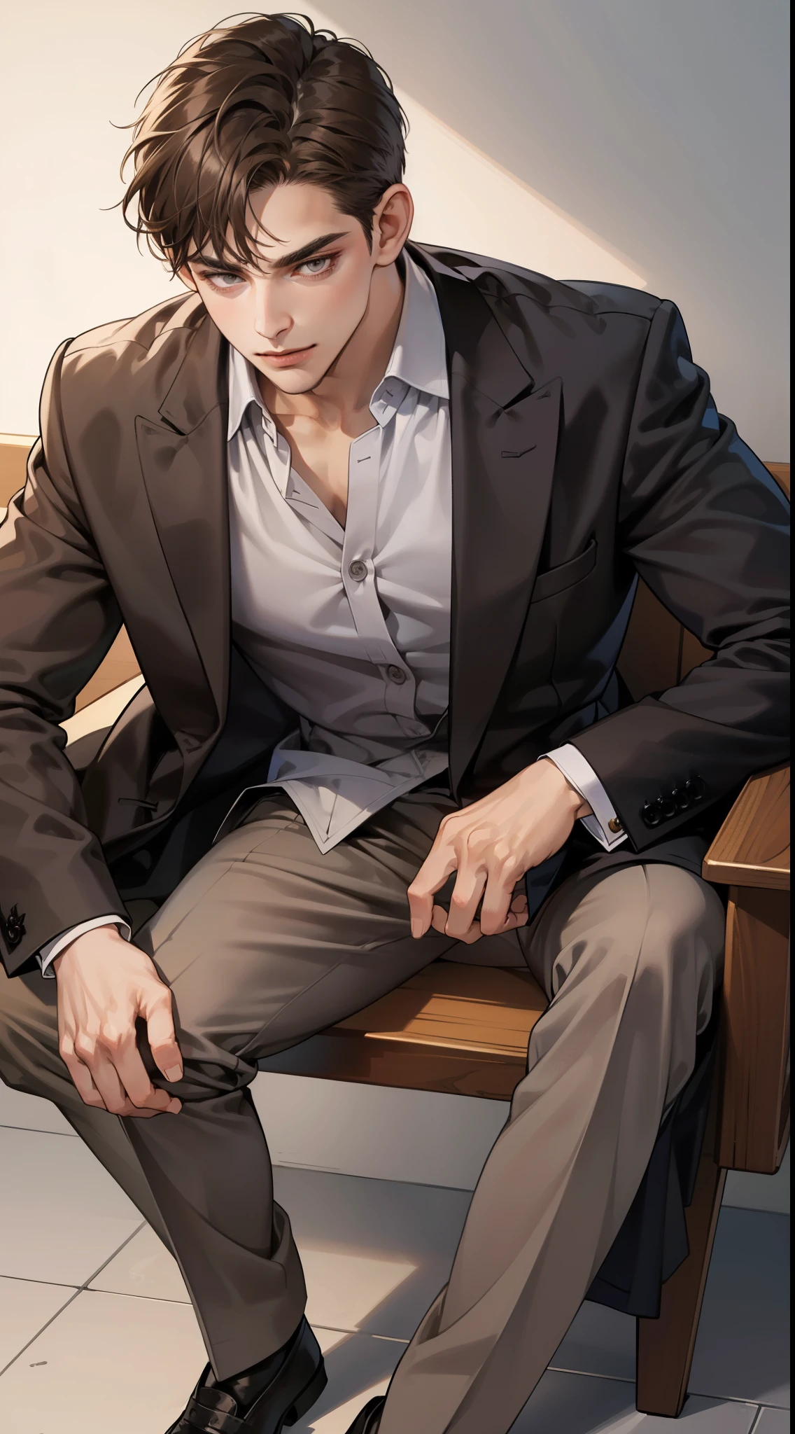 masterpiece, best quality, realistic, 1man, mature male, quiet and charming young man, 25 year old, serious look, closed mouth, portrait, extremely detailed face, cold smile, ((dark grey eyes)), ((short-right-swept dark brown hair)), [thick eyebrows], ((suit)), handsome, full body, western, Jewish, light brown skin,