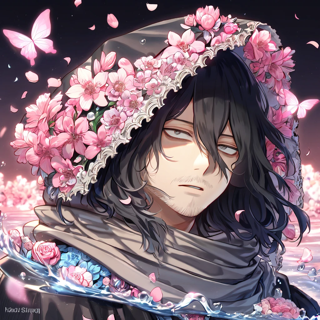 absurdres, highres, ultra detailed, HDR, master piece, best quality, Eraser Head, black hair, medium-lenght hair, expressive gray eyes, boku no hero academia, faint beard, black clothes, gray scarf, solo, y man, handsome, fantasy, shining, water, pink flowers, pink blossoms, pink butlies, pink petals