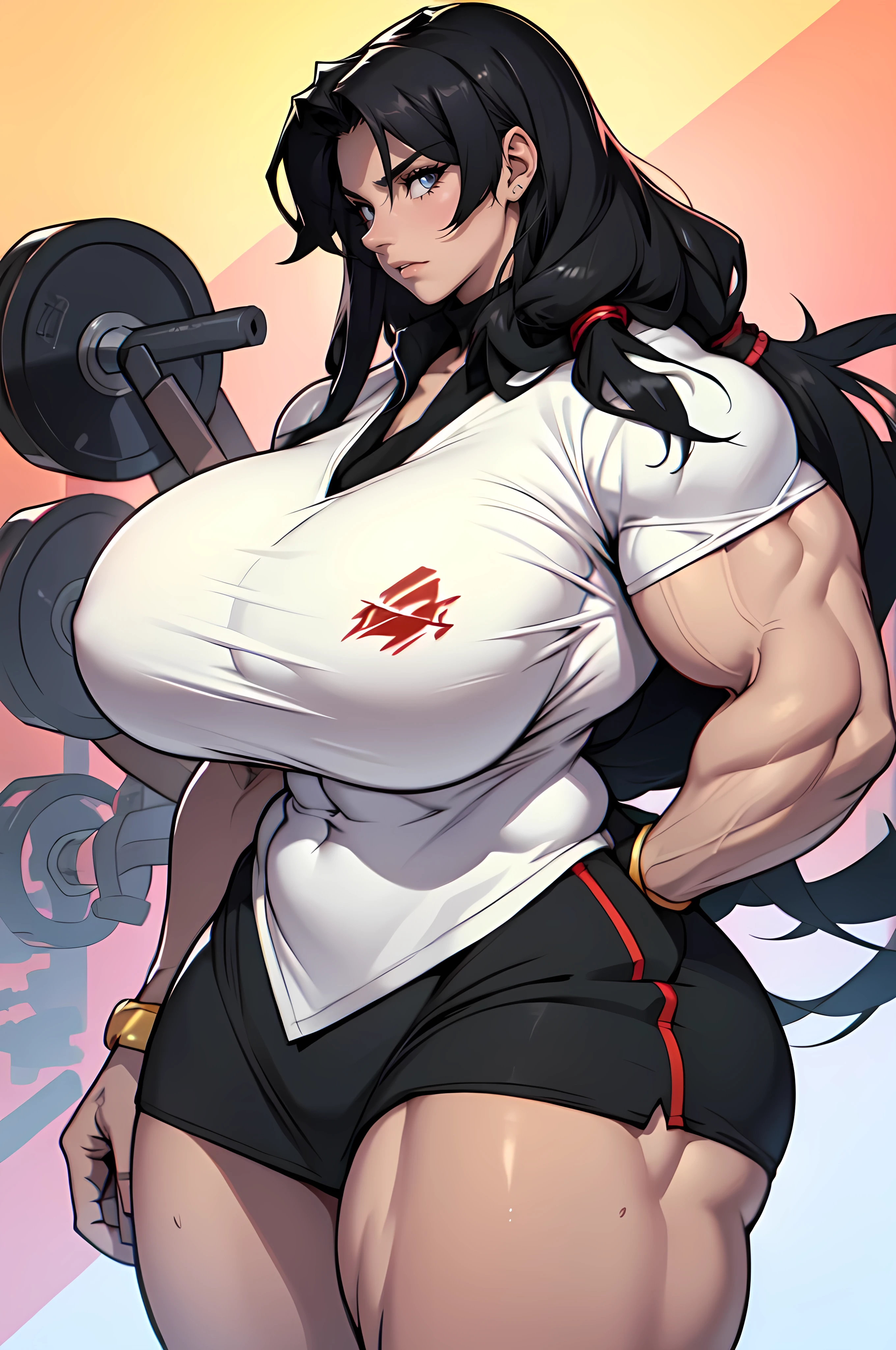 (1girl), black hair, extremely long hair, yellow eyes, ((sexy school uniform)), (massive female bodybuilder:1.8), (huge breasts:1.8), thick thighs, solo, angry, (pale white skin), cowboy shot
