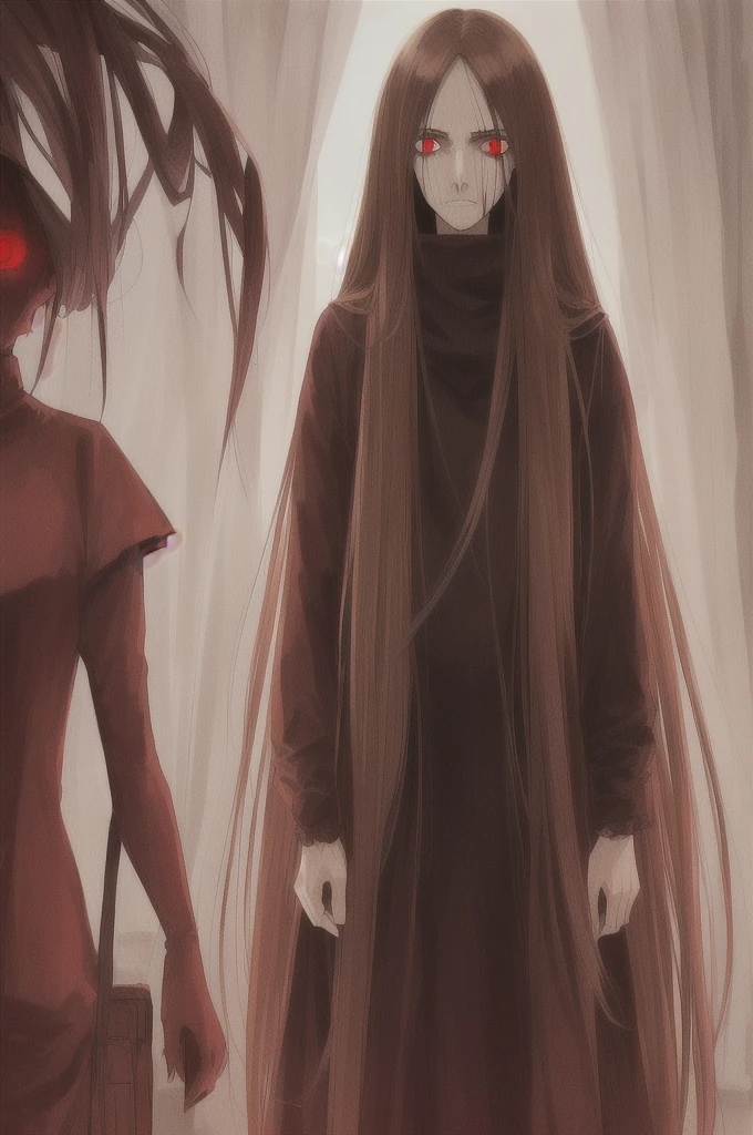 woman, long straight light brown hair, red eyes, with old clothes, dark inhabitant of terror, alone, scary face