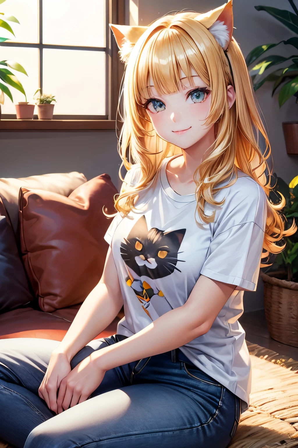 Top quality, high resolution, perfect human structure, background focus, front view, blonde, bob, shiny hair, cat ears, smiling heart-shaped eyes, blunt bangs, wavy hair, morning sun, living room, shiny hair, happy smile, sitting, gradient eyes, t-shirt, jeans
