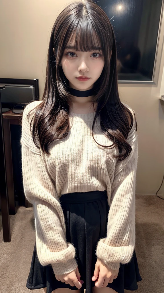 highest quality、8k、32k、masterpiece、Hmph:1.2)、One Girl、Girl with long hair、Beautiful Japanese Woman、Black-haired、Heavy bangs、Long sleeve shirt、Hair length、A fluffy white sweater、Don't expose it、D Cup,choker、plump breasts, Bright red eyeliner、