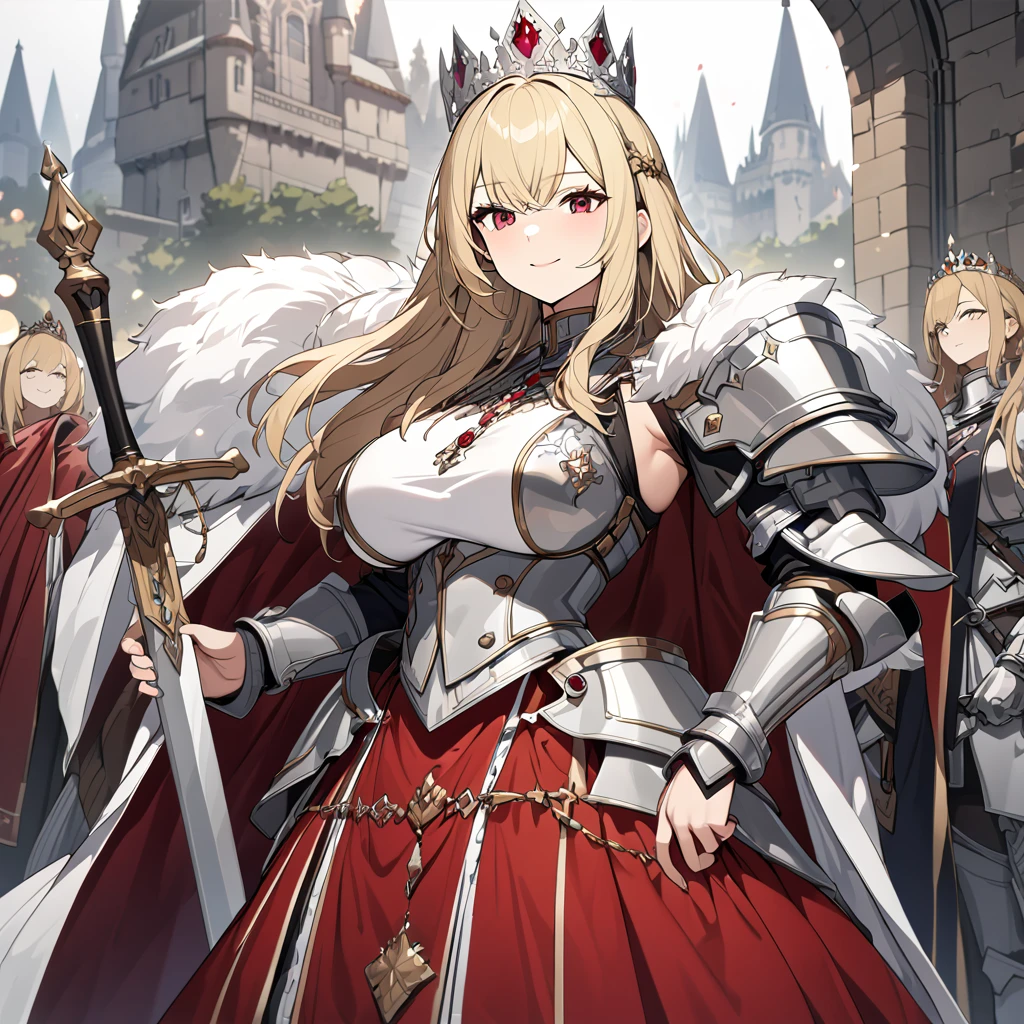 A woman wearing heavy silver armor, big breast, long red fur cape, with a crown on her head, crown with sapphires and rubies, blonde hair, long hair, red eyes, smiling, holding a silver sword, on an outside of a castle, Several heavy knights postured around, medieval aesthetic...UHD , prime work , accurate , anatomically correct , textured skin , super details , high quality , best quality, 8k, high resolution, bokeh effect. (woman alone)