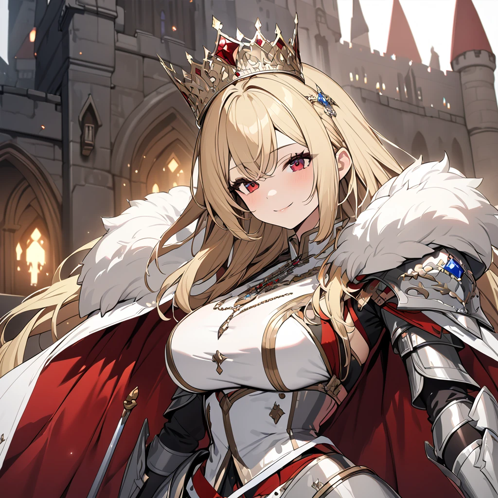 A woman wearing heavy silver armor, big breast, long red fur cape, with a crown on her head, crown with sapphires and rubies, blonde hair, long hair, red eyes, smiling, holding a silver sword, on an outside of a castle, Several heavy knights postured around, medieval aesthetic...UHD , prime work , accurate , anatomically correct , textured skin , super details , high quality , best quality, 8k, high resolution, bokeh effect. (woman alone)