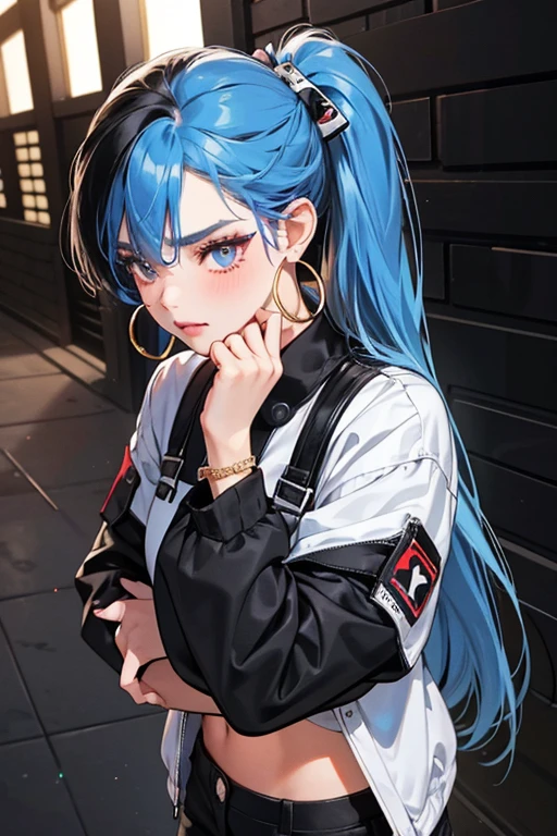 Downtown BB has light brown skin and two-toned blue hair styled in two long ponytails with strands hanging from both sides. Her eyebrows (one of which is split) are the same shade of cobalt blue as parts of her hair. She wears black and white checkered lipstick, red eye shadow and blush, and she also has dark brown eyes and broken heart on her cheek. Her nails are painted black and white.
She wears a black and white top, with black, white and gray camo pants, both with red accents. Her cropped jacket is black and red with a checker pattern. Downtown BB wears mis-matched shoes, and a white and gold bracelet, and two hoop earrings and one has a lock on it, and a red fishnet on one of her arms. SPARKLE; GLITTER