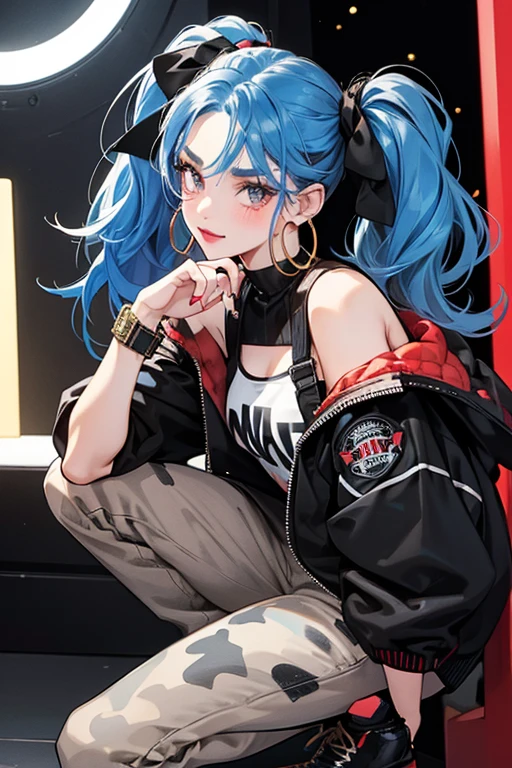 Downtown BB has light brown skin and two-toned blue hair styled in two long ponytails with strands hanging from both sides. Her eyebrows (one of which is split) are the same shade of cobalt blue as parts of her hair. She wears black and white checkered lipstick, red eye shadow and blush, and she also has dark brown eyes and broken heart on her cheek. Her nails are painted black and white.

She wears a black and white top, with black, white and gray camo pants, both with red accents. Her cropped jacket is black and red with a checker pattern. Downtown BB wears mis-matched shoes, and a white and gold bracelet, and two hoop earrings and one has a lock on it, and a red fishnet on one of her arms. SPARKLE; GLITTER