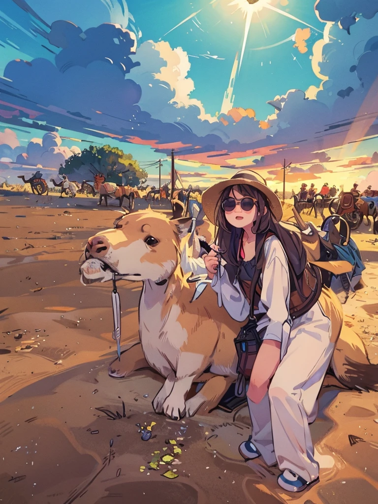 A girl wearing sunglasses holding food in her hands，Take a photo facing the camera next to the camel