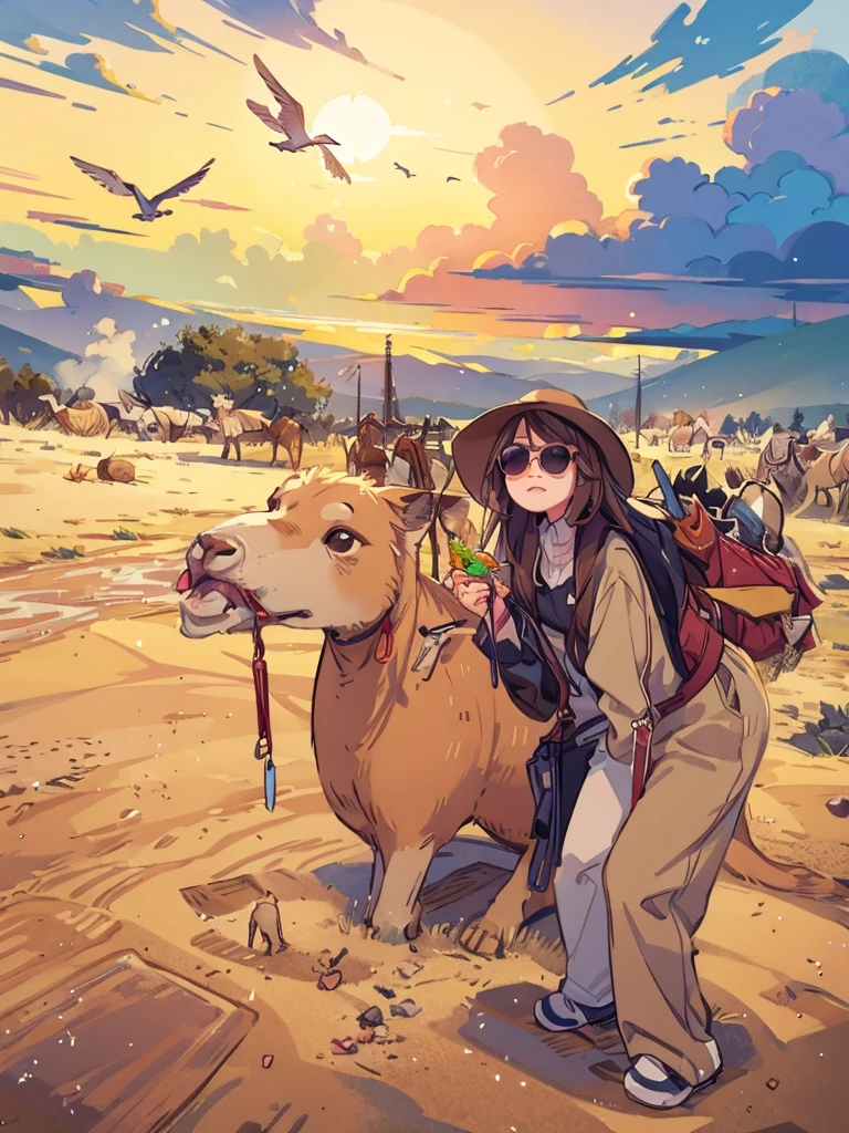 A girl wearing sunglasses holding food in her hands，Take a photo facing the camera next to the camel