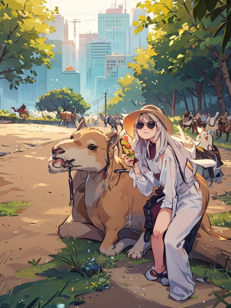 A girl wearing sunglasses holding food in her hands,Take a photo facing the camera next to the camel