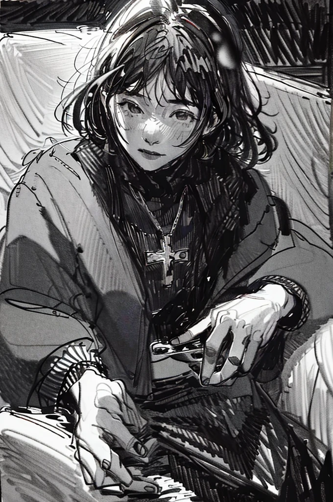 best quality, masterpiece, sketchï¼monochrome, traditional media, Pencil drawing, 1girl, smile , sweater, sitting on the sofa, cross-legged