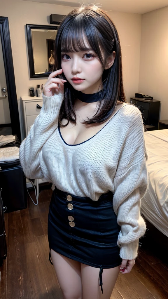 highest quality、8k、32k、masterpiece、Super vivid、Highest quality、8k full vision, Cinematic lighting:1.2)、(Blue right), One Girl、Long Hair Girl、Beautiful Japanese Women、Black-haired、Heavy bangs、Long sleeve shirt、Hair length、Fluffy white sweater、Don't expose it、choker、(plump breasts), (jirai type fashion、jirai type makeup, Jirai Type Girl), Sparkling under-eye bags、red glitter eye makeup, full body、
indoor、moonlit room、Dark Room、dim、A room in an apartment with a sense of life、A messy room、Messy room、