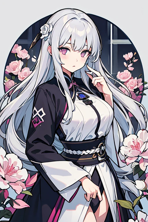 Masterpiece Best Night Full Moon 1 Female Mature Female Elder Sister Yu Sister Cold Face Expressionless Silver White Long Hair Woman Light Pink Lips Calm Intellectual Three Bands Gray Eyes Assassin Short Knife, Flowers, Hand Details, Finger Details,