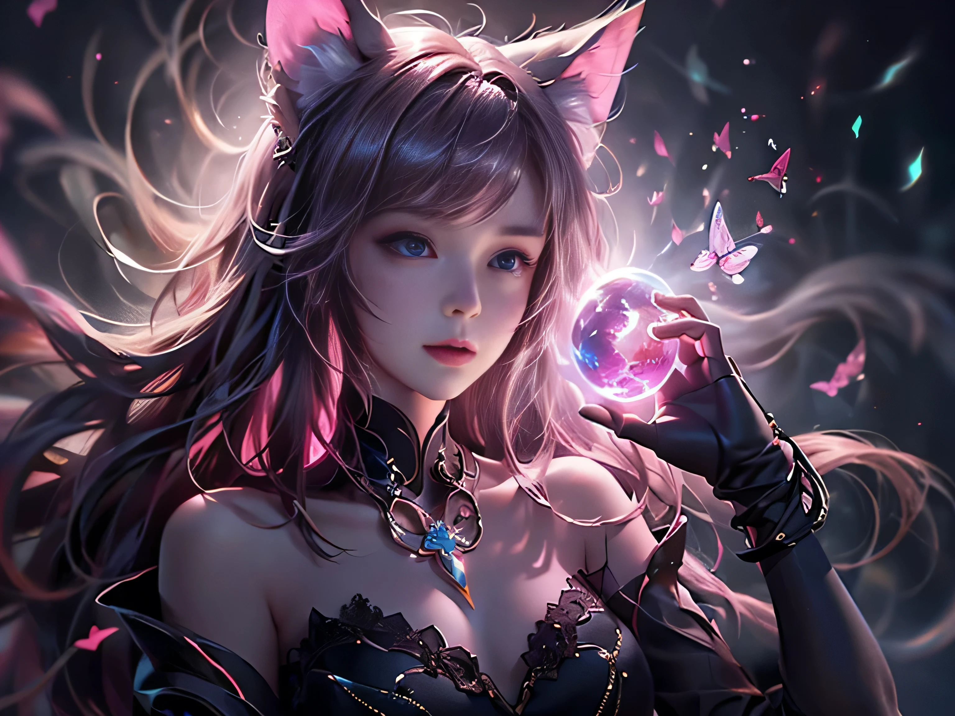 (Best Quality, 8K, Masterpiece, HDR, Soft Lighting, Picture Perfect, Realistic, Vivid), Cat Girl (1.0), Cat Girl with Red Hair and Dark Eyes in Revealing Clothes, Black Bodysuit with Lace Shiny Gloss Sheer Texture, Beautiful Anime Fantasy, Very beautiful and cute cat girl, large pink butterflies fly around, background blur, anime fantasy, work in Gouves style, realistic: 1.37, top view, red cat girl lies in blue flowers, large pink butterflies fly around, horizontal view, (Ultra High Quality Fantasy Art), Masterpiece, Female Model, Ultra High Quality Female Character Designs, Detailed 8k Anime Art, Realistic Anime Art, Highest Quality Wallpapers, Intricate Ultra High Quality Accurate Female Character Faces, High Quality Designs and Accurate Physics (Fantasy - Ultra High Quality) quality) quality)) art), dark fantasy style), masterpieces, super high-quality characters, anime resolution - 8K, realistic anime art, wallpaper with the highest quality illustrations, ultra-high detail of faces, high-quality design and accurate physics), color, depth of field, shadows, ray tracing, high quality workmanship. -high quality and 8K resolution, (Accurate simulation of the interaction of light and materials)], [High-quality hair detail [More about beautiful and shiny red hair]], (Beautifully detailed hands [perfect fingers [Perfect nails]]], (perfect anatomy (perfect proportions)))) [[Full-length]], [Perfect combination of colors (Accurate imitation of the interaction of light and material)], [art that conveys the meaning of the story](modified)