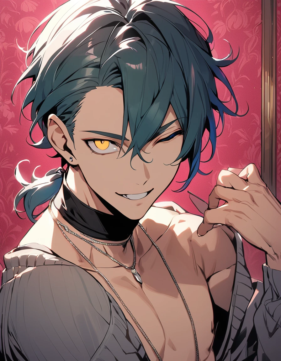 ((((best masterpiece, best quality, wallpaper,)))) solo, guy, male body, small muscles, flat chest, 1male, 30 years old, handsome man, dramatic angle, upper body, looking at viewers, beautiful detailed, finger to mouth, mediumturquoise hair, ((((Lower short ponytail)))), asymmetrical bangs, ((short hair,)) seductive smile, ((( one eye closed, gold eyes,))) (((^o^, tareme, droopy eyes,))) perfect face, extremely detailed eyes, perfect hands, sharp nose, seductive smile, clear face, black turtleneck, grey cardigan, ((silver piercing, simple silver necklace,)) leggings, pink background color ultrasharp, 8K, masterpiece,,wrenchftmfshn, fantasy clothing