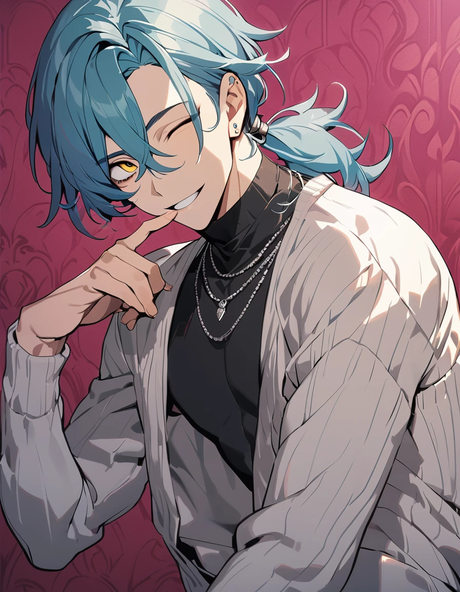 ((((best masterpiece, best quality, wallpaper,)))) solo, guy, male body, small muscles, flat chest, 1male, 30 years old, handsome man, dramatic angle, upper body, looking at viewers, beautiful detailed, finger to mouth, mediumturquoise hair, ((((Lower short ponytail)))), asymmetrical bangs, ((short hair,)) seductive smile, ((( one eye closed, gold eyes,))) (((^o^, tareme, droopy eyes,))) perfect face, extremely detailed eyes, perfect hands, sharp nose, seductive smile, clear face, black turtleneck, grey cardigan, ((silver piercing, simple silver necklace,)) leggings, pink background color ultrasharp, 8K, masterpiece,,wrenchftmfshn, fantasy clothing