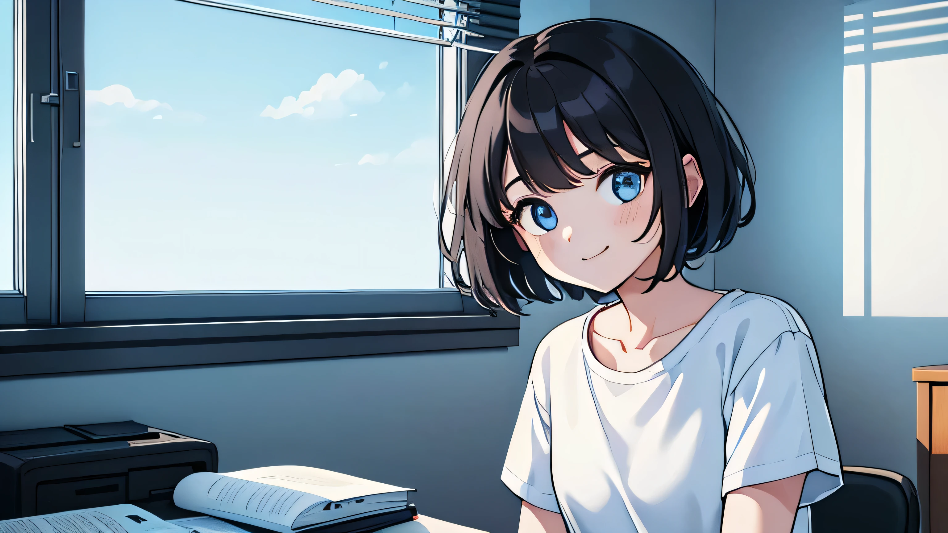 1girl, solo, blue eyes,(detailed eyes), gentle smile flat chest, short hair, black hair, ((white t-shirt)), simple t-shirt, black skirt, black socks, standing, upper body, ((masterpiece, illustration, best quality)) Studying Focused face on desk inside in room By morning with light glowing Morning view