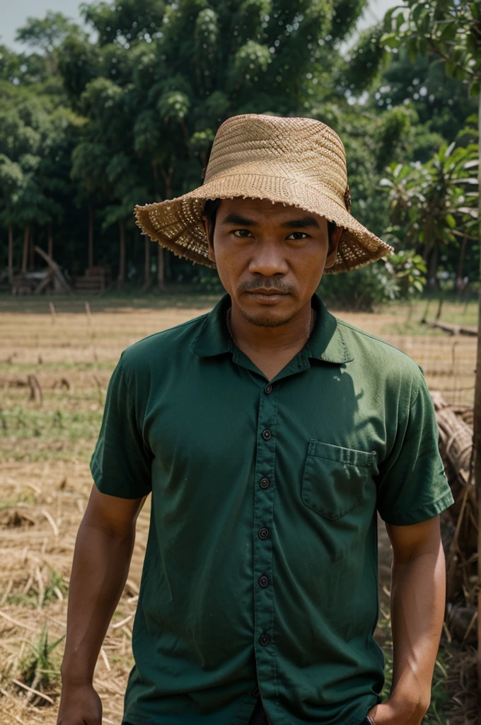 make me a 4d caricature, Indonesian man, wearing farmer's clothes and hat, focus image and 8k