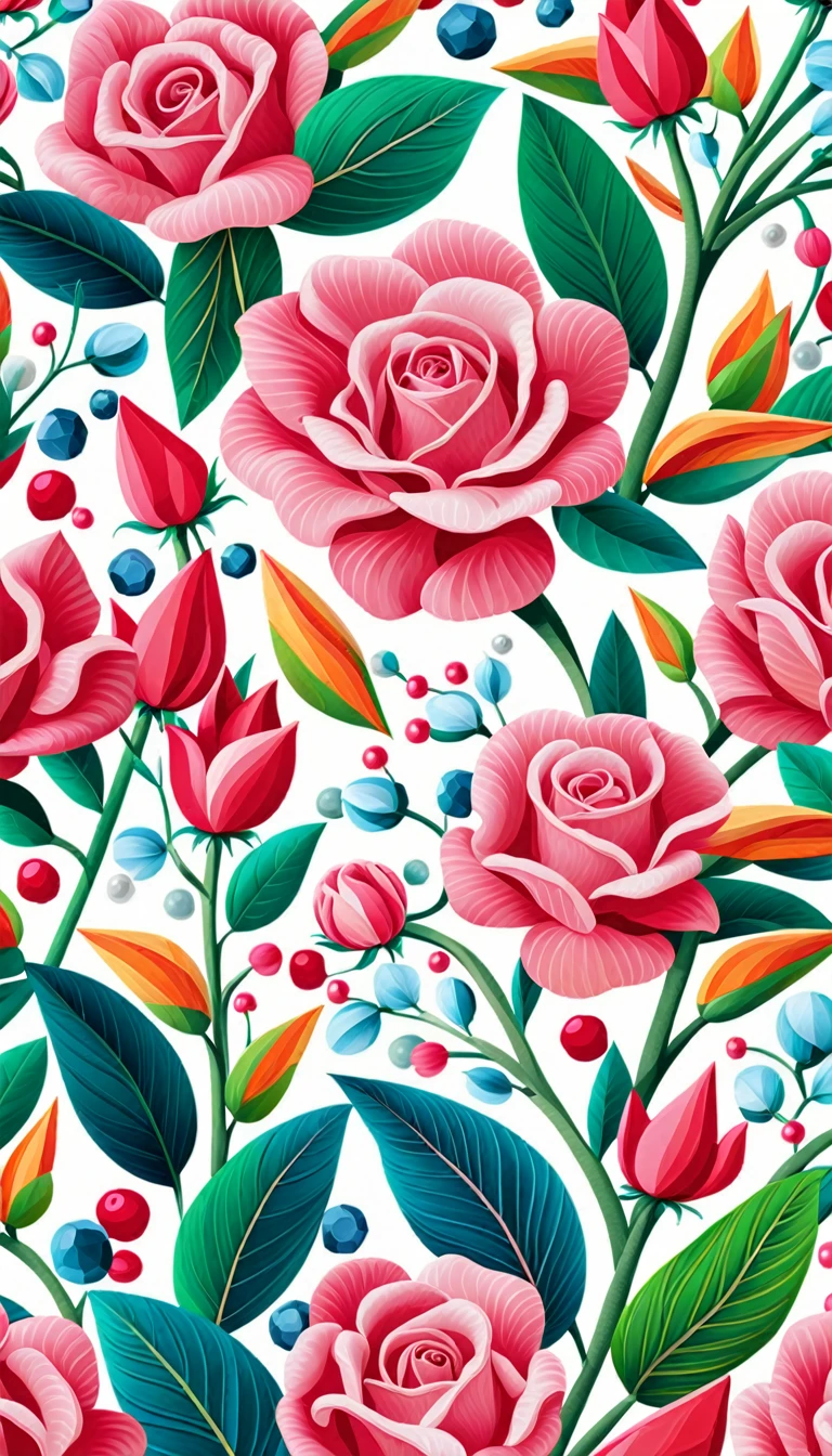 Seas of ((SUGAR CANE IN CANDY LAND)) ((ASSORTED CANDY WORLD)) In the (PINK BACKGROUND:2.0) — ocean breeze, sun-bleached driftwood, and a touch of salty sea air. ((GOLDEN stars)) colorful BERRIES, ((WHITE JASMINE)) jewels, ((COLORFUL butterfly)), ((GREEN LEAFY FLORA)), (strawberry), BLUE rose, cherry || (embroidery) seamless pattern, fruit, butterfly, diamond, pearls, Best quality, masterpiece, ultra high res, (photo realistic:1.4), surrealism, dream-like, ((abstract art)), vector arts, ((ROSE JEWEL)) a close up of a JASMINE pattern, FLOWER wallpaper, ornate FLOWER, FLOWER pattern, FLOWER explosion, FLOWER! intricate, FLOWER JEWELs colorful, chinoiserie pattern, VECTOR wallpaper, FLOWERrenewal, with colorful JEWELs and plants, FLOWERdream, garden JEWELs pattern, FLOWER patterned skin, FLOWER design, FLORAL motives, boho FLORAL vines, (8k, RAW photo, best quality, masterpiece:1.2, Sharp image, vector)