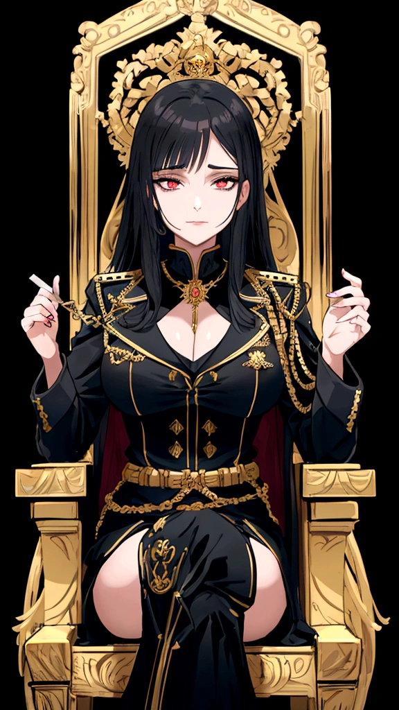 uma mulher bonita e seductiv com o rosto da imagem de referência, sitting on an ornate throne chair, wearing a black military uniform, highy detailed, 8K, Masterpiece artwork, cinematic lighting, dramatic pose, Bright dark, details Intricate, rich colors , chic, majestic, seductiv, mighty
