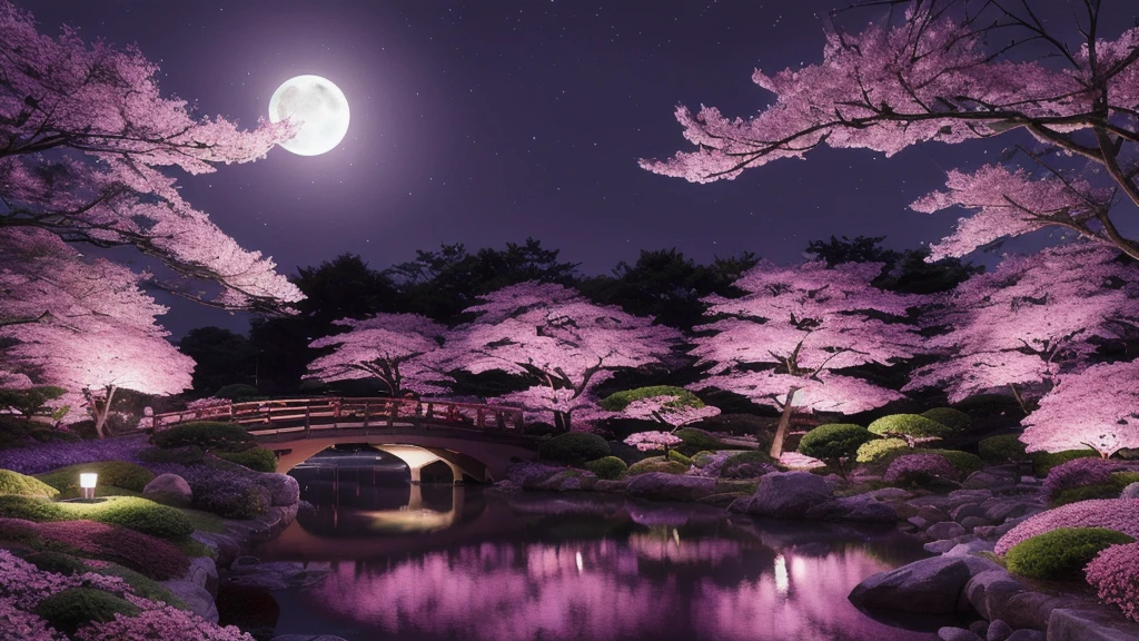 masterpiece, Very detailed, Perfect quality, Most detailed, Ray Tracing, 8K, Purple cherry blossom, Japanese garden, peaceful, night, full moon, performer, 1 frame, Purple Theme, Purple glow,Mysterious World