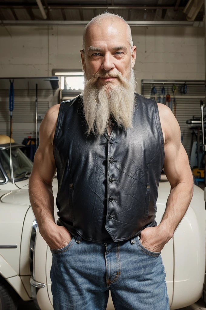 (elderly man in his 50s) (old grandfather) (shaved head, shaved hair) (big beard, long beard) (fat body, belly), ((white hair)) (straight hair) (blue eyes) (skin white) smile expression, happy, confident look. full body, western face, ((Location: garage)), expression marks, wrinkles, old face, old body, big eyes (smiling face) standing, day. ((standing)) front view (looking at the viewer)((wrinkled body, old body, elderly, grandfather, wrinkles on the body, tired body)) black jeans, finger glove, black leather vest, black t-shirt, no shirt, hairy chest