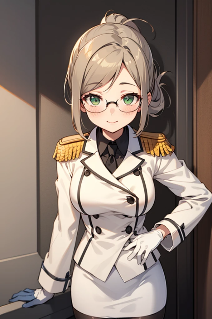 highest quality, High resolution, One girl, Big Breasts, Katori \(Kantai Collection\), Light brown hair, Folded ponytail, Parted bangs, Green Eyes, Glasses, 縁なしGlasses, uniform,White jacket,Epaulettes,Black tie,White gloves,Grey pencil skirt, Black Pantyhose, Black Bra, blush, Embarrassing, smile, View Viewer, Good lift, Squint your eyes