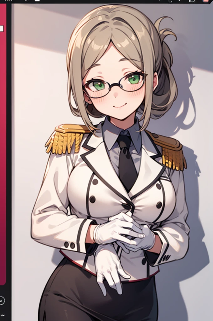 highest quality, High resolution, One girl, Big Breasts, Katori \(Kantai Collection\), Light brown hair, Folded ponytail, Parted bangs, Green Eyes, Glasses, 縁なしGlasses, uniform,White jacket,Epaulettes,Black tie,White gloves,Grey pencil skirt, Black Pantyhose, Black Bra, blush, Embarrassing, smile, View Viewer, Good lift, Squint your eyes