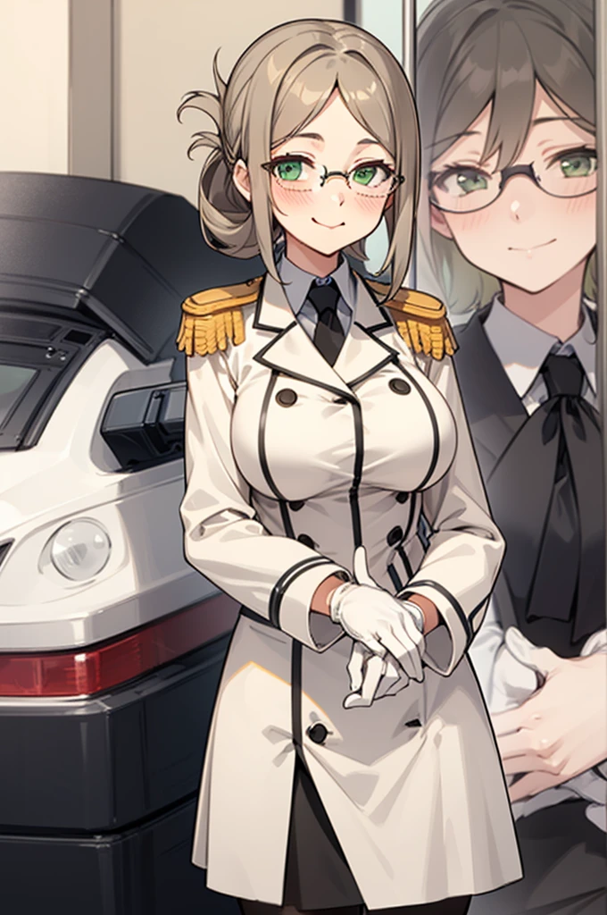 highest quality, High resolution, One girl, Big Breasts, Katori \(Kantai Collection\), Light brown hair, Folded ponytail, Parted bangs, Green Eyes, Glasses, 縁なしGlasses, uniform,White jacket,Epaulettes,Black tie,White gloves,Grey pencil skirt, Black Pantyhose, Black Bra, blush, Embarrassing, smile, View Viewer, Good lift, Squint your eyes