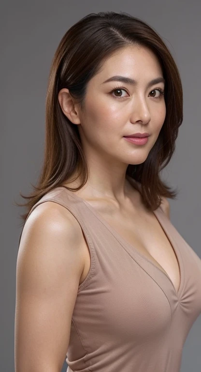 High resolution, high resolution, High detail, masterpiece, Rough skin, Anatomically correct, sharp, Gray background((Japanese , Age 35)), alone, ((Facial wrinkles)), Shapely large breasts, Straight light brown hair that reaches the shoulders, Chubby body type (((Stand upright, Facing the center of the screen.))), Close your mouth and look ahead with a serious face, Summer business wear, ((Cowboy Shot)),