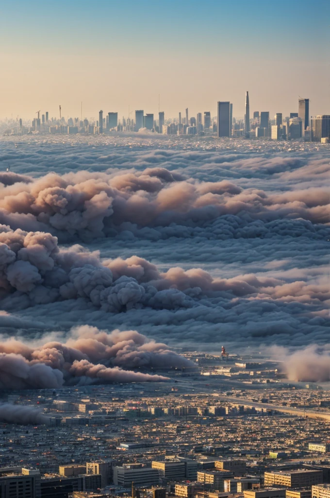 Panoramic view of a city with smoke and garbage