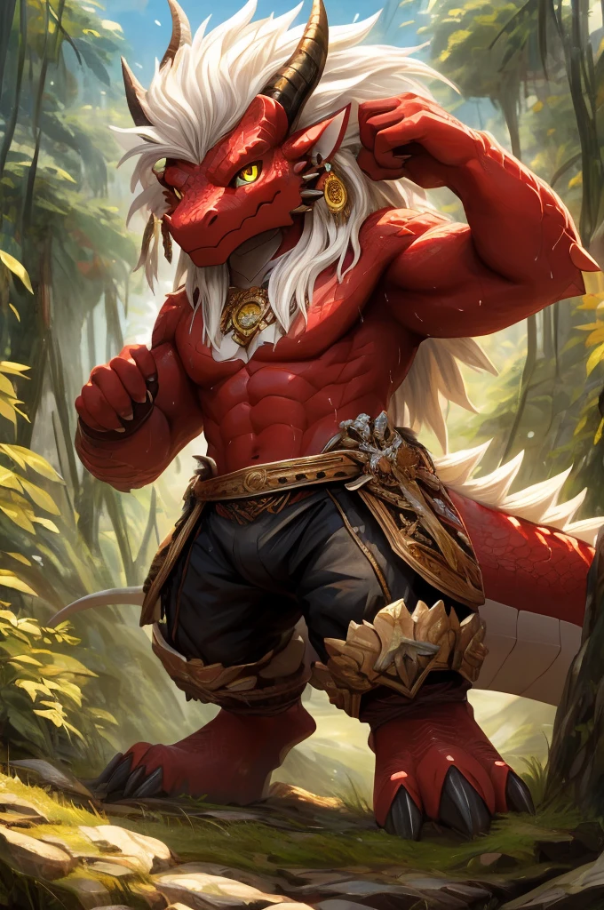 ultra-detailed, masterpiece, masterwork, high quality, best quality, hdr, (nature), nsfw, male, solo, chibi, dragon, ((black underpants)), (little red body minotaur), (white body), (long golden hair, yellow eyes, cool eyes), standing, cross your arms, dynamic angle, earrings, sweat