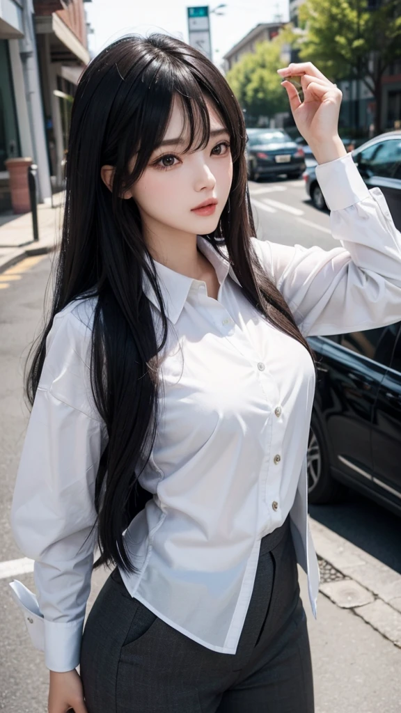 Beautiful girl with two meter long hair, long black hair, Wear a suit shirt., business woman (White women'suit), (white shirt), (black tie), (military rank insignia), (white short skirt), tight, (Dynamic posts), full body, (big breasts, thin body, small waist, hips raised, small thighs, Long legs), A gigantic rift, black high heels,