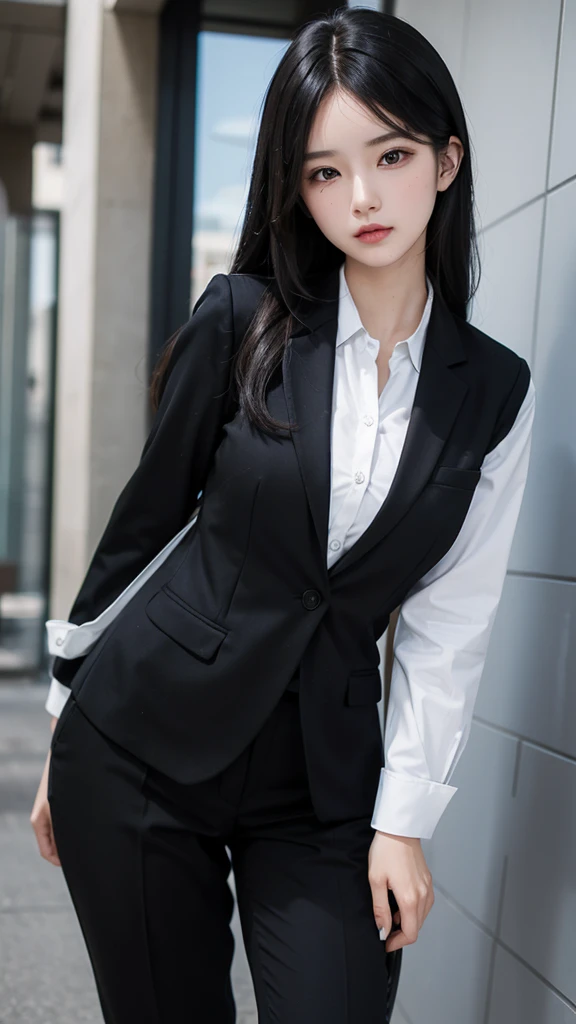Beautiful girl with two meter long hair, long black hair, Wear a suit shirt., business woman (White women&#39;suit), (white shirt), (black tie), (military rank insignia), (white short skirt), tight, (Dynamic posts), full body, (big breasts, thin body, small waist, hips raised, small thighs, Long legs), A gigantic rift, black high heels, 