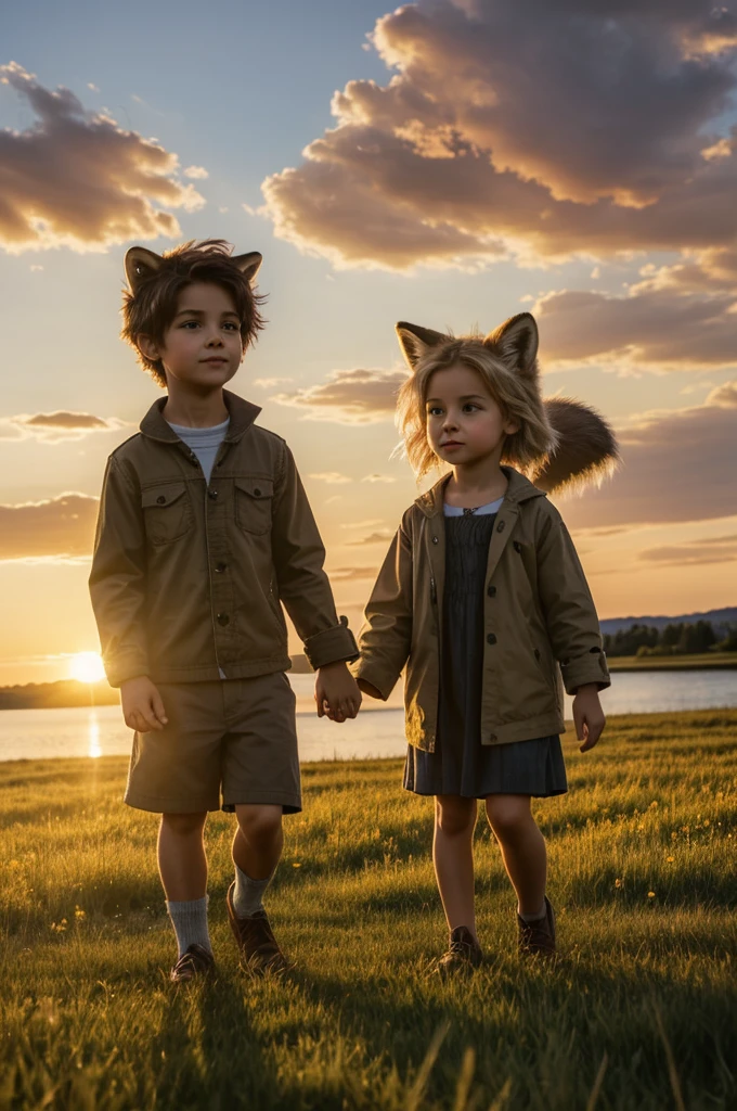 ((best quality)), ((masterpiece)), (Detailed), An anthropomorphic little wolf boy and an anthropomorphic little fox girl sit hand in hand in a meadow by a lake and watch the sunset.