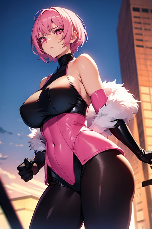 girl, with giant breasts, pink fur, short hair, pink eyes, black spy suit.