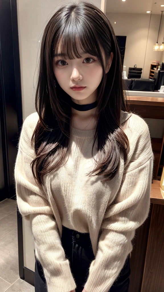highest quality、8k、32k、masterpiece、Hmph:1.2)、One Girl、Girl with long hair、Beautiful Japanese Woman、Black-haired、Heavy bangs、Long sleeve shirt、Hair length、A fluffy white sweater、Don't expose it、D Cup,choker、plump , Bright red eyeliner、