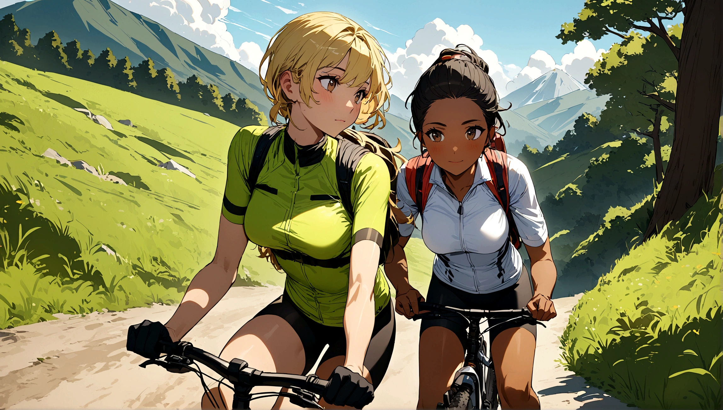a couple of a black haired brown skinned girl and a blonde haired white guy having a MTB bike ride in the mountain