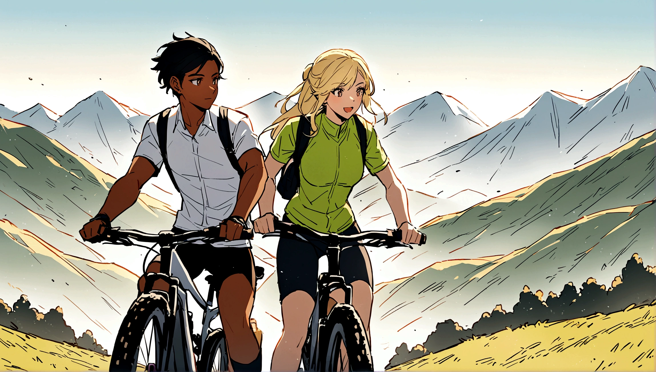 a couple of a black haired brown skinned girl and a blonde haired white guy having a MTB bike ride in the mountain