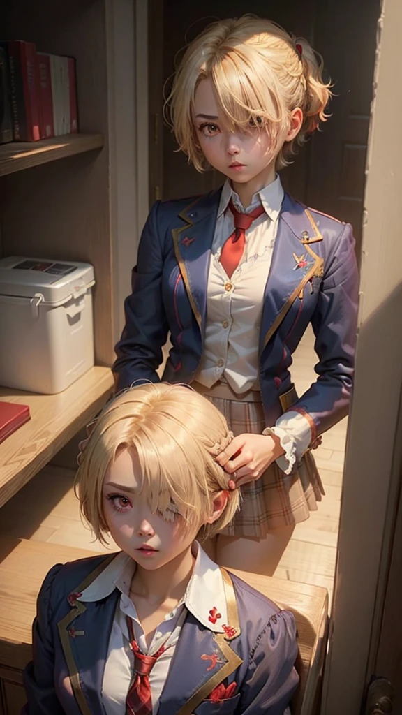 ((masterpiece))、(((Highest quality)))、((Super detailed)),(Blonde Short Hair)、(Barrette)、(((Hair on one eye)))、(((Hide one eye with hair)))、(Red eyes)、Blue blazer、White shirt、Red tie、Brown plaid skirt、Mao Sen Moon Song、
