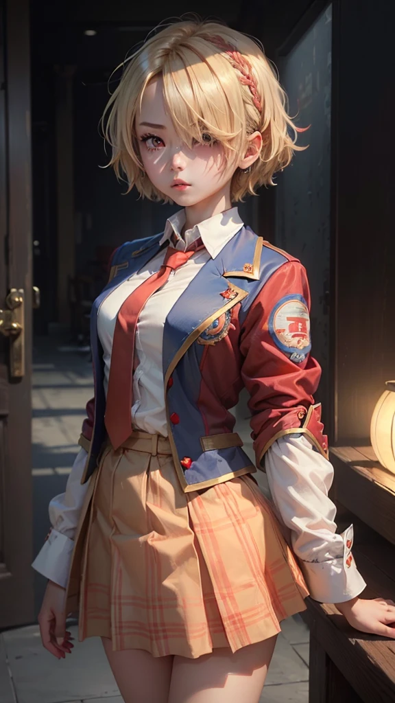 ((masterpiece))、(((Highest quality)))、((Super detailed)),(Blonde Short Hair)、(Barrette)、(((Hair on one eye)))、(((Hide one eye with hair)))、(Red eyes)、Blue blazer、White shirt、Red tie、Brown plaid skirt、Mao Sen Moon Song、