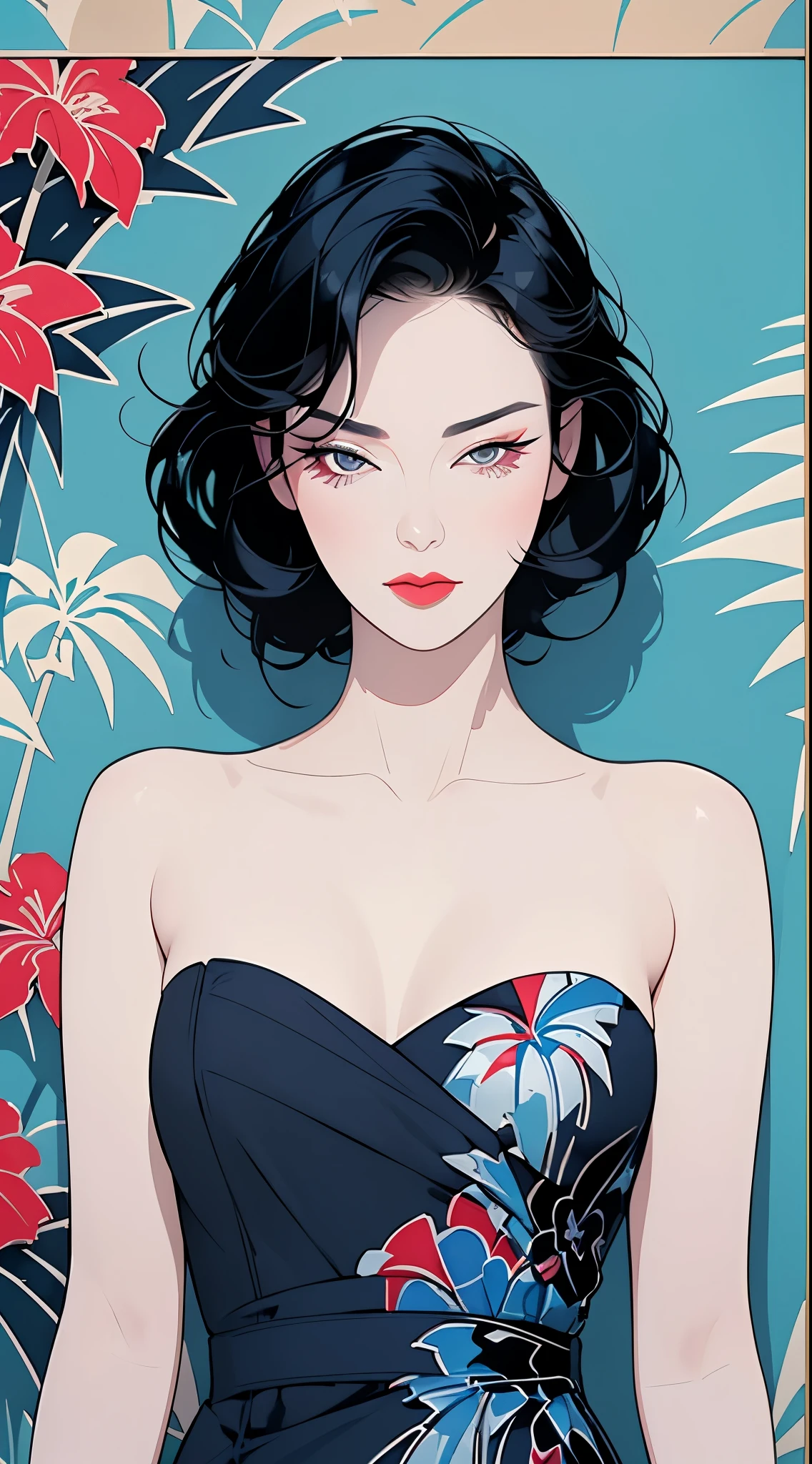 a woman in a navy blue dress standing in front of flowers, ((Art style by Patrick Nagel)), ((8k, wallpaper, detailed)), dark sunglasses, korean popstar, short black hair, pretty hands, fringe, simple red background, palm trees, (graffiti wall:1.2), strong, courageous, art by Patrick Nagel