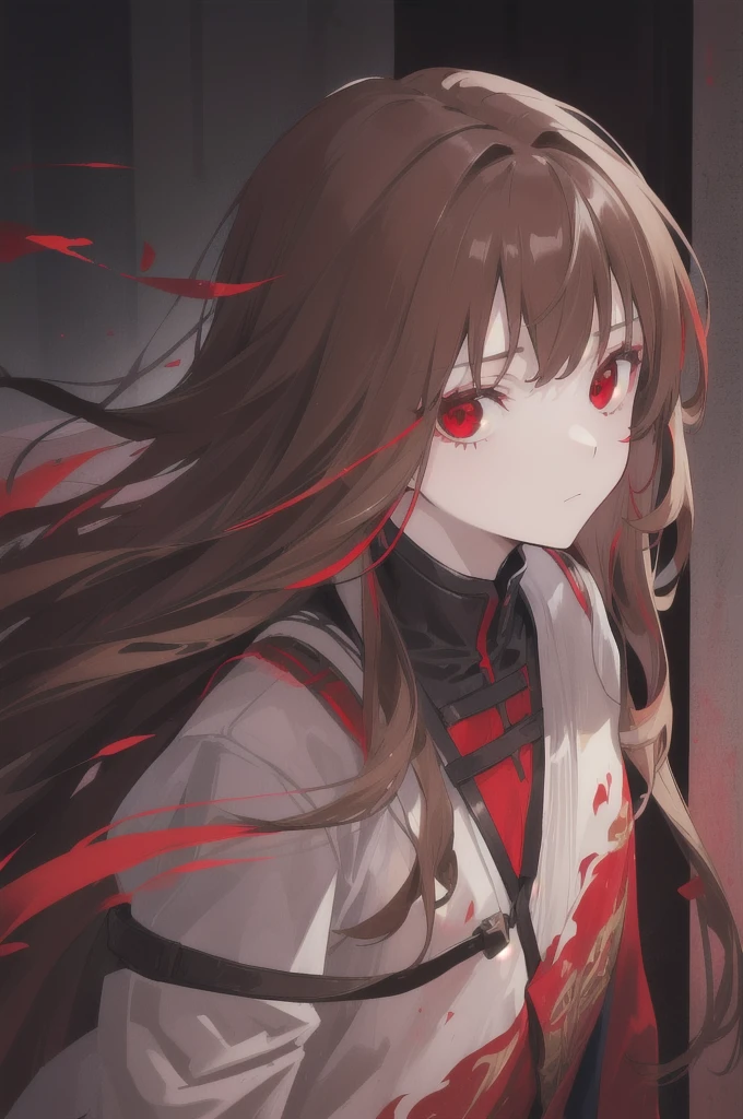 woman, long straight light brown hair, red eyes, with old clothes, dark inhabitant of terror, alone, scary face