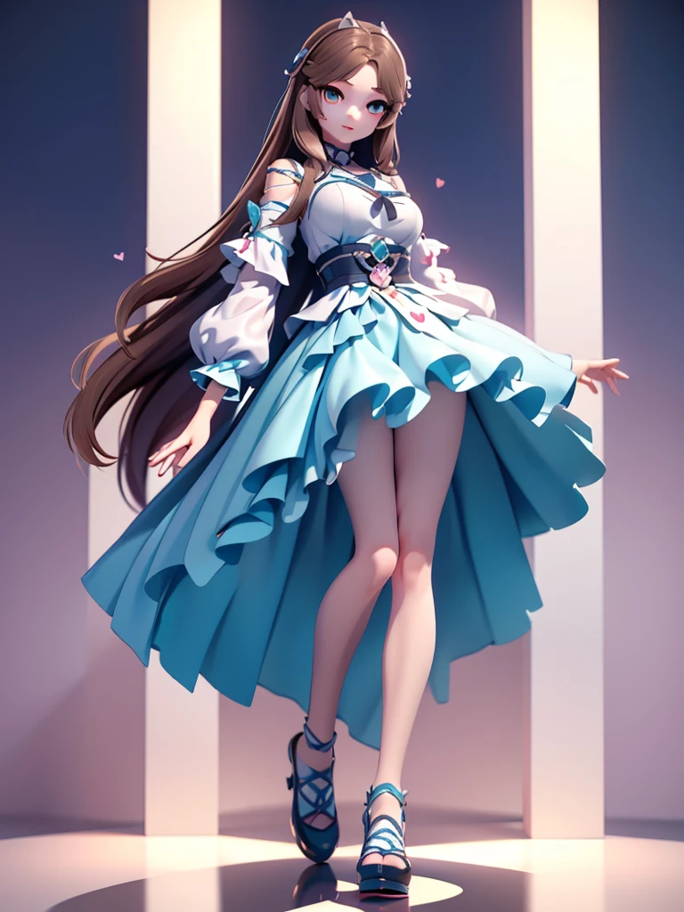 Seizo Watase style, Simple Line Initialism,Abstract art, 3d character, colorful hearts ,(((The most beautiful girl of all time))), (full body 1.2), only girl, long hair, diamond background, 18 year old, eyes perfect, full body, (((8k))),, (((3d))), Delicate and clear eyes,clay polyme mode, brown hair