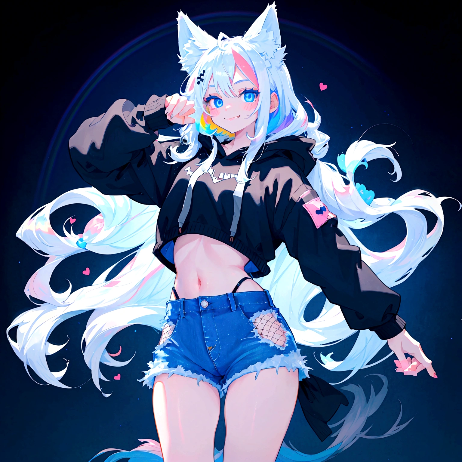 a cute adult male with wolf ears, long white hair, long locks, has a wolf tail, wearing a loose cropped black hoodie, wearing a pair of denim short shorts and fishnet stockings, thick thighs, wide hips, dancing on a mound of fluffy multi colored kawaii plushies, short, very slim, showing slender tummy, heart on hoodie, squishy thighs, has glowing blue eyes. alone, solo (ALONE)(SOLO), surrounded by rainbows, colorful galaxy backround, smiling